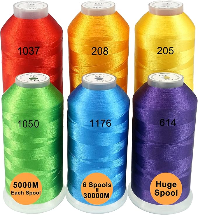 New brothreads - 40 Options- Various Assorted Color Packs of Polyester Embroidery Machine Thread Huge Spool 5000M for All Embroidery Machines -6xRainbow Colors