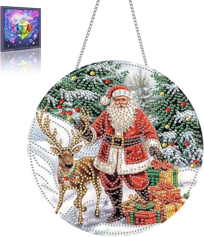Wergund Christmas Diamond Art Hanging Kits, Hanging Diamond Art Santa Claus, Acrylic Special Shaped Rhinestone, Window Hanging Pendants for Home Wall Garden Front Door Outdoor Decor Gift(Christmas)