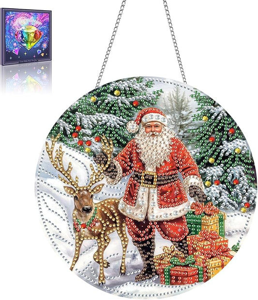 Wergund Christmas Diamond Art Hanging Kits, Hanging Diamond Art Santa Claus, Acrylic Special Shaped Rhinestone, Window Hanging Pendants for Home Wall Garden Front Door Outdoor Decor Gift(Christmas)