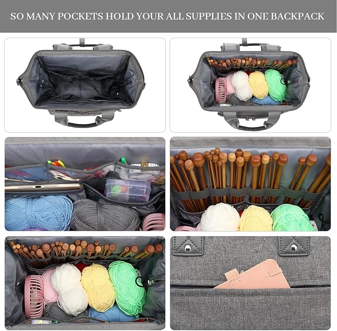 LTINVECK Crochet Backpack,Knitting Bag Backpack Yarn Storage Organizer Travel Crochet Bag,Large Yarn Tote Bag Yarn Holder Case for Knitting Needles,Crochet Hooks,Crochet Accessories,Grey