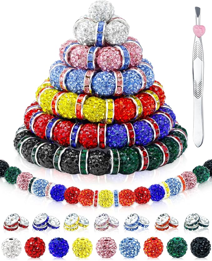 180pcs fiveizero 10mm rhinestone beads for jewelry making – sparkly round crystal clay beads & spacers in 9 mixed colors for bracelets, necklaces & diy crafts