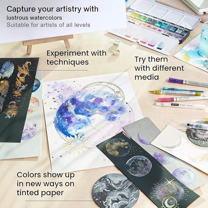 ARTEZA Metallic Watercolor Paint Set 24 Colors, Shimmering Watercolors in Half Pans with Water Brush Pen & Tin Box, Luminous, High-Pigment Paints for Paper & Mixed Media, Holiday Gift for Artists
