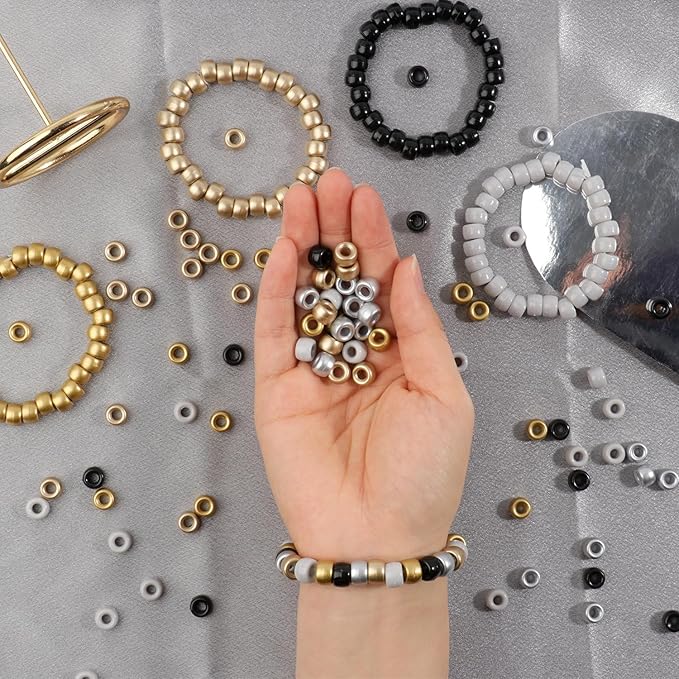 1200Pcs Friendship Bracelet Bead, 6x9mm Pony Beads for Jewelry Making, 5 Style Gold Silver Colors Kandi Bead Bulk, Hair Beads for Braids with Stretch Cord and Scissors