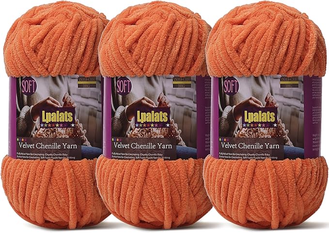 Baby Blanket Yarn for Crocheting Soft - 3 Pack of 100g/3.5oz Chunky Chenille Yarn for Knitting Blankets Amigurumi - Super Bulky Yarns - 261 Yards Thick Plush Yarns (3, Orange)