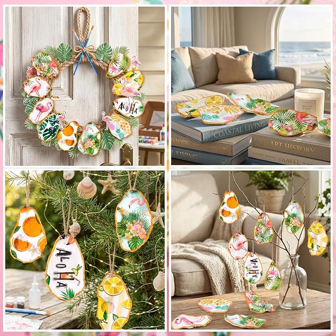 APUDWN 16 Set DIY Natural Oyster Shell Decoupage Kit Hawaiian Crafts 4-5" Large Shells Drilled with Napkins Paints Brushes for Crafts Coastal Beach Art Hanging Ornament Making Adult Hobby Gifts