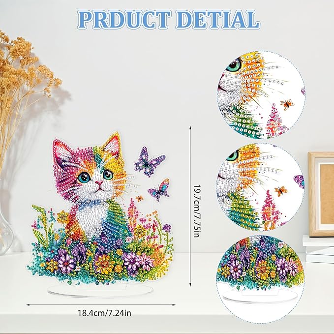 KEYIFA Diamond Painting Desktop Ornament, DIY Colorful Cat Diamond Art for Adults Beginner, Flower Gem Arts Table Decor Special Shaped Rhinestone Crafts Home Desk Decoration Gift, Double Sided