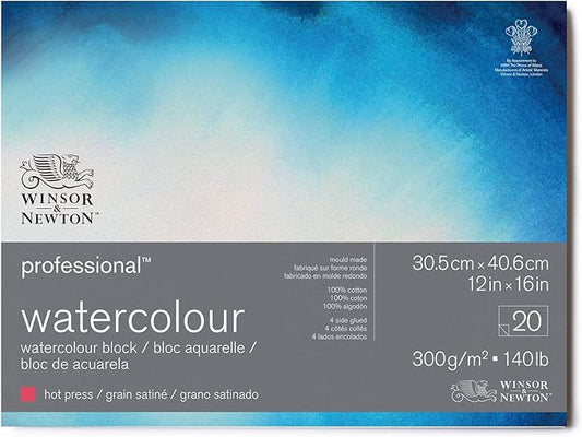 Winsor & Newton Professional Watercolor Paper Block, 12" x 16", Hot Pressed