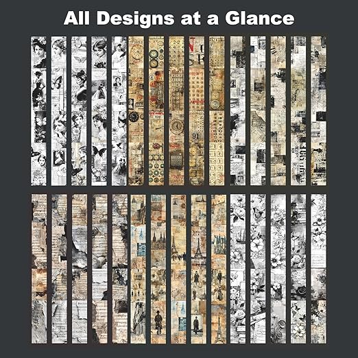 6 Rolls Vintage Book Page Washi Tape Set – Non-Repeating Retro Collage Designs for Scrapbooking, Journaling, and DIY Crafts