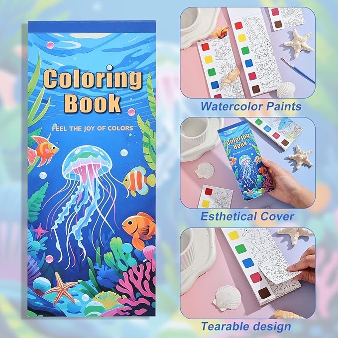 Women's Mini Paint with Water Coloring Book, 12 Pages Sea World Small Coloring Books for Adults to Relax and Relieve Anxiety,Color Painting Kit Art Craft,Gift for Mother's Day,Birthdays,Anniversaries