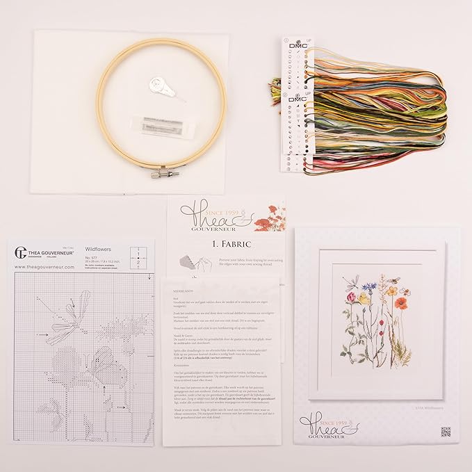 Thea Gouverneur Wildflowers Cross Stitch Kits - Inspirational Crafts for Adults with 16 Count Aida, DMC Threads & Hoop - Create Beautiful Cross Stitch Art
