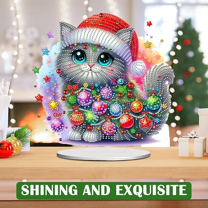 LAKEQUILL Christmas Diamond Painting Kits, Tabletop Ornament, Stand Up Diamond Art Desktop Kits for Home Office Decor, New Year Gift - Christmas Cat