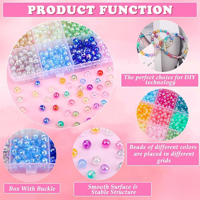 BONNY BOXX 1440Pcs 6mm Transparent AB Acrylic Round Beads, 24 Colors Assorted Plastic Bubble Gum Beads with Hole Loose Spacer Beads Bulk for Bracelets Necklace Jewelry Making DIY Crafts