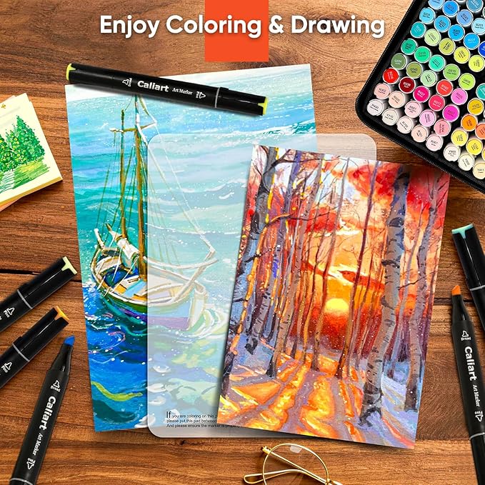 caliart markers, 100 colors dual tip art markers sketch pens permanent alcohol based, with case for adults artists drawing illustration sketching coloring (black barrel)