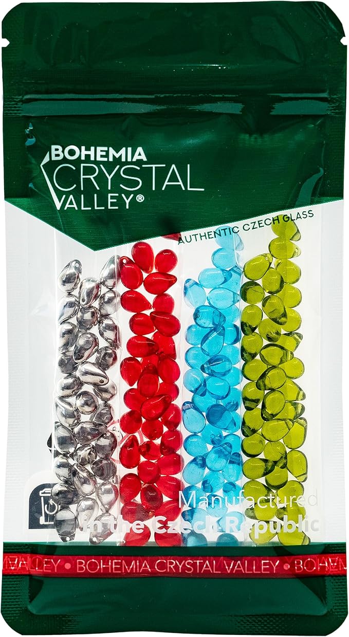 Teardrop Glass Beads for Jewelry Making Set - 120+ Bead Kit of 6x9mm Pendant Drop Beads in 4 Bright Distinct Colors: Blue, Red, Olive Green, Half Silver