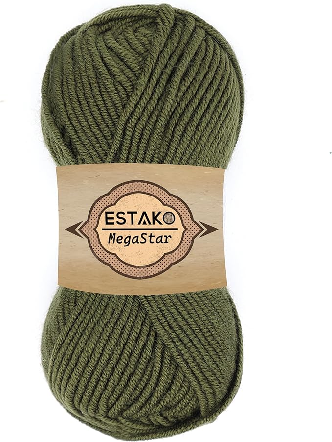 Estako Megastar, 75% Acrylic 25% Wool Yarn, Soft, Chunky Bulky Weight #5 for Crochet and Knitting 3.52 Oz (100g) / 120 Yrds (110m) (64065 - Khaki)