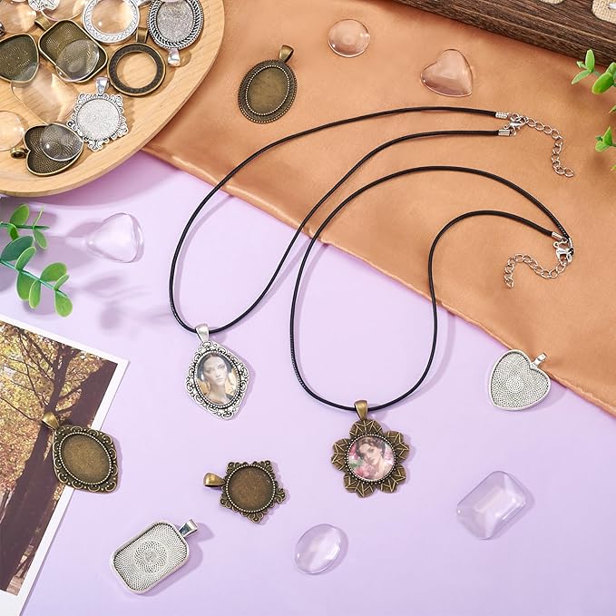 Bestewelry Pendant Trays Kit Vintage Alloy Bezel Pendant Trays Charms Set with Glass Cabochon and Adjustable Necklace Cords for DIY Crafts Jewelry Making Resin Art Party Favor