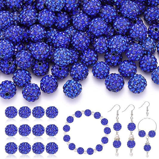 120pcs 10mm rhinestone beads for jewelry making, dark blue shiny round shamballa disco ball beads bulk, sparkle crystal clay christmas for bracelet baseball necklace earring crafting and diy