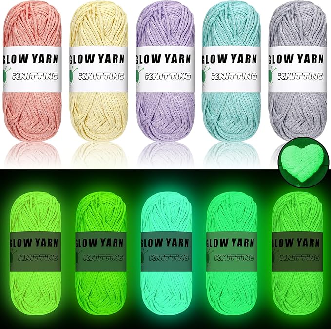 WILLBOND 5 Rolls Glow in The Dark Magic Yarn Luminous Neon Crochet Yarn for Crocheting DIY Knitting Glow Fingering Sewing Supplies for Crafts Sewing Party 54.7 yd Per Roll (Vivid Colors)