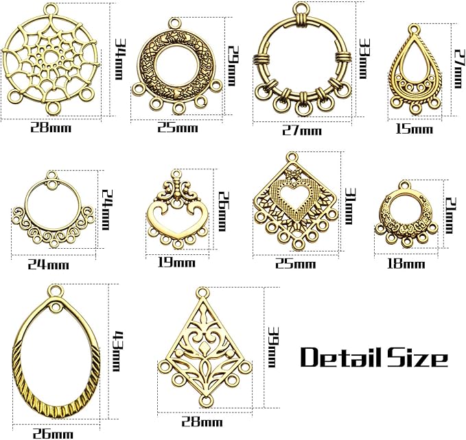 Earring Connectors, 40pcs 10 Styles Tibetan Bohemian Chandelier Charms Metal Embellishments for DIY Dangle Earring Drop Jewellery Making Kits, Antique Golden