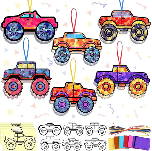 30 Pcs Monster Truck Christmas Ornaments DIY Monster Truck Suncatchers Paper Craft Set Stained Glass Effect Tissue Paper Kits Gift Bulk for Xmas Activities Art Party Decor
