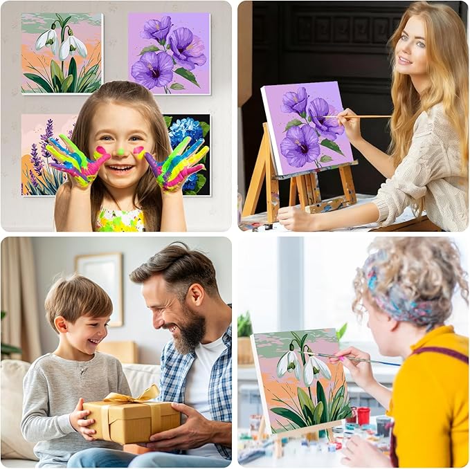 Lxmsja 4 Pack Whispers of Bloom Paint by Numbers Kit for Adults, Easy Framed Paint by Numbers for Adults Beginner, DIY Acrylic Oil Painting Craft Kits for Home Wall Decor 8x8 inch