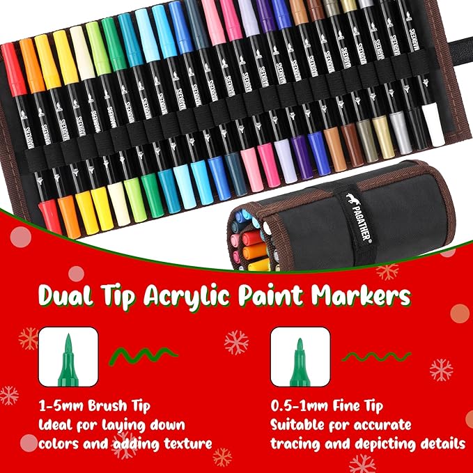 pagather 24 colors acrylic paint markers, dual tip with fine tip and brush tip pens for stone, wood, calligraphy, canvas, ceramic, metal, glass, rock painting, diy crafts art supplies kit