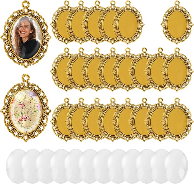 100 Pcs Bezel Pendant Blanks Settings, 50 Oval Pendant Trays Photo Charms with 50 Clear Glass Cabochon for Jewelry Making, DIY Blank Bezels Trays Kit for Crafts, 25x18mm (Antique Gold)