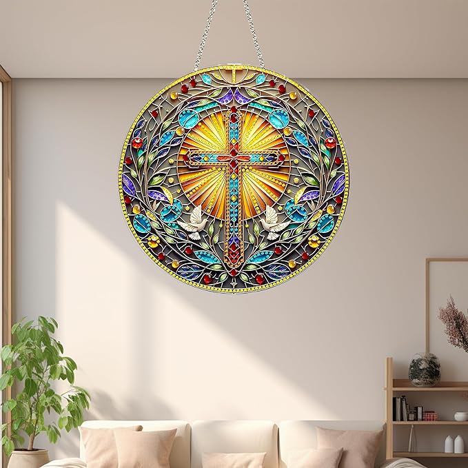 DIY Acrylic Diamond Art Painting Wreath Kits Special Shaped Rhinestone 5D Diamond Art Window Pendants Home Garden Wall Hanging Kits Hanging Ornament (Cross-1)