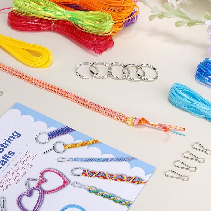PP OPOUNT Lanyard String Kit for Summer Camp Adults – 15 Plastic Gimp Strings with 40 Keychain Accessories & Instructions, DIY Bracelets Keychains Adults Gift Craft Set(Solid/Glitter/Laser Colors)