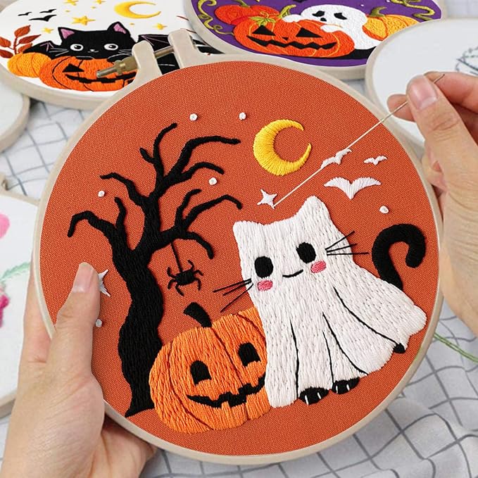 Nuberlic Halloween Embroidery Kits - 3 Pack Easy Embroidery kit for Adults Beginners Starter Cross Stitch Kit DIY Needlepoint with Pre-Printed Fabric, Hoop, Thread, Needles & Step-by-Step Guide