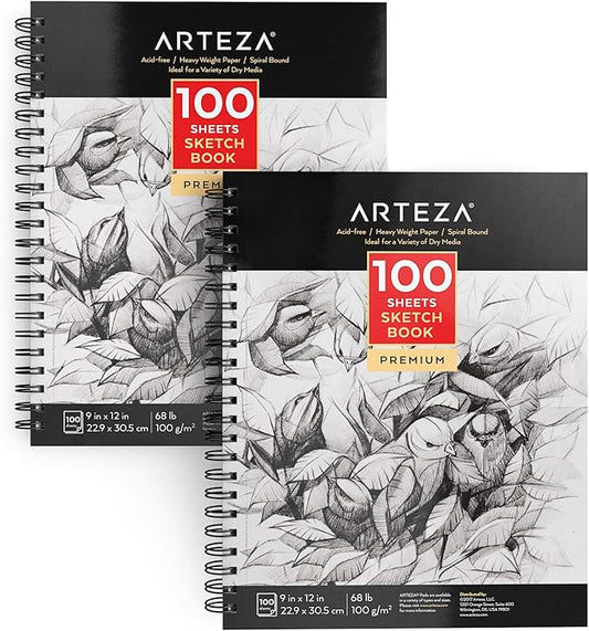 ARTEZA Sketch Book 2-Pack, 9x12 Inches – 200 Sheets, Spiral Bound, 68 lb Acid-Free Drawing Pad for Adults, Teens & Artists for Sketching