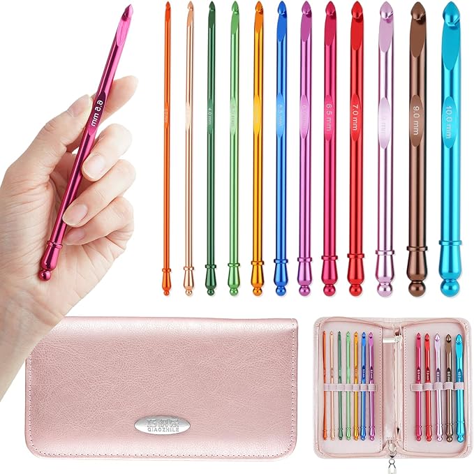 Guclud Inline Crochet Hook Set - 12PCS Ergonomic Extra Long Aluminum Hooks (3-10mm) with Grip Handles for Arthritic Hands, Complete Crochet Kit for Beginners with Storage Case