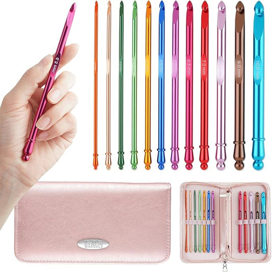 Guclud Inline Crochet Hook Set - 12PCS Ergonomic Extra Long Aluminum Hooks (3-10mm) with Grip Handles for Arthritic Hands, Complete Crochet Kit for Beginners with Storage Case