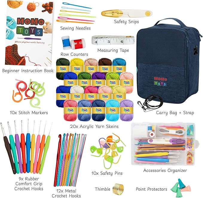 MOMOTOYS 80 Piece Learn to Crochet Kit for Beginners Adults & Kids – 20 x Yarn for Crocheting, Denim Travel Bag, Instruction Book, Ergonomic Crochet Hooks, Sewing Needles, Tools Supplies & Accessories