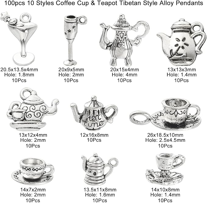 DanLingJewelry 100Pcs 10 Styles Antique Silver Afternoon Tea Theme Charms Tea Cup and Teapot Coffee Mug Charms DIY Jewelry Making