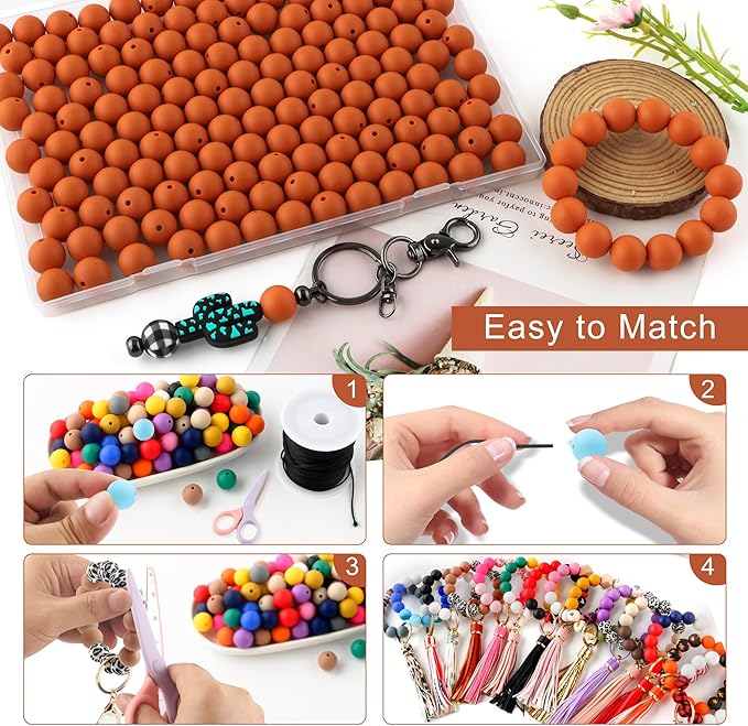 150Pcs 15mm Silicone Beads for Keychain Making Bracelet Necklace, Bulk Round Silicone Beads for Pens(Rust Brown)