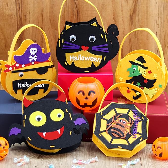 6 Set DIY Trick or Treat Bag Kit, Make Your Own Halloween Candy Bags Goodie Bags, Felt Craft with Stickers for Kids Halloween Party Favors