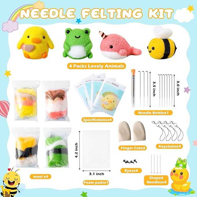WATINC Set of 4 Cute Animal Needle Felting Starter Kit Frog Chick Bee Narwhal Animal Doll Wool Felting Tools Felt Needles Foam Mat DIY Needlework Craft Party Supplies for Beginners Adults