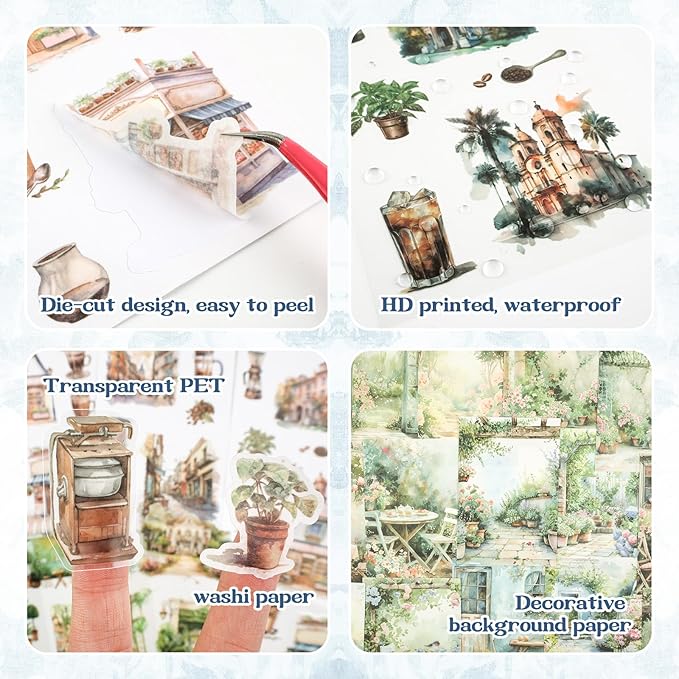 RISYPISY 54 Sheet Scrapbooks Supplies Kit, Precut PET/Washi Stickers, Street Landscape Junk Journal Sticker for Adult Planner DIY Crafts Decorative Paper for Scrapbooking