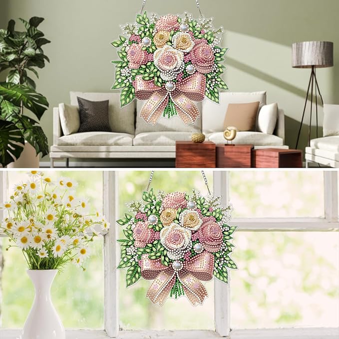 MXJSUA Bouquet of Roses Flowers Diamond Art Hanging Kits for Adults Beginners, DIY Acrylic Special Shaped Crystal Diamond Gem Drills Pendant Art Painting Ornament for Home Wall Decor Gift 8x8 inch