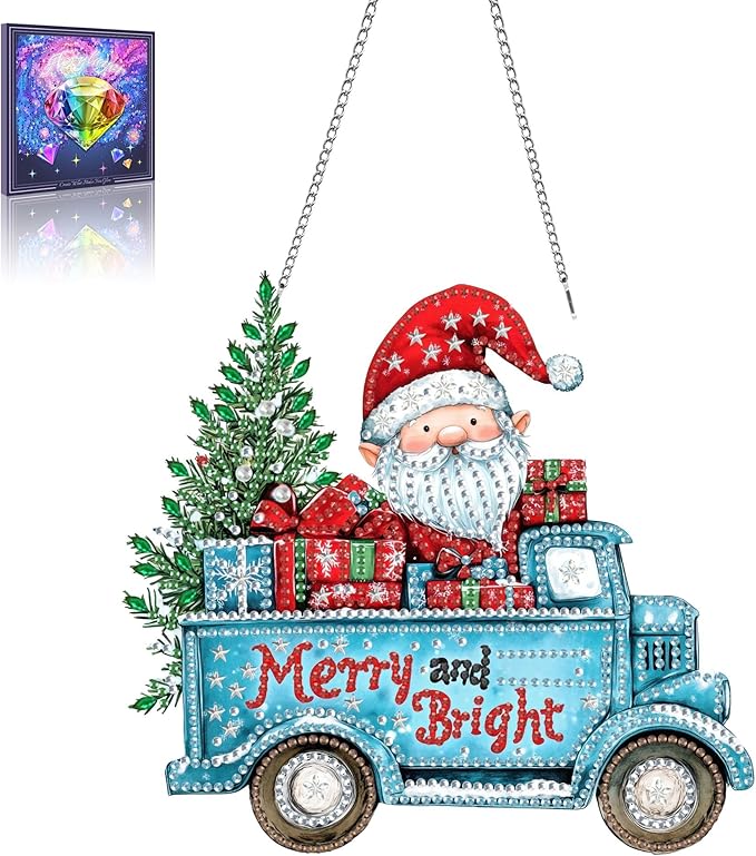 Wergund 5D DIY Christmas Diamond Art Hanging Kits, Hanging Diamond Art Dwarf, Acrylic Special Shaped Rhinestone, Window Hanging Pendants for Home Wall Garden Front Door Outdoor Decor Gift(Christmas)