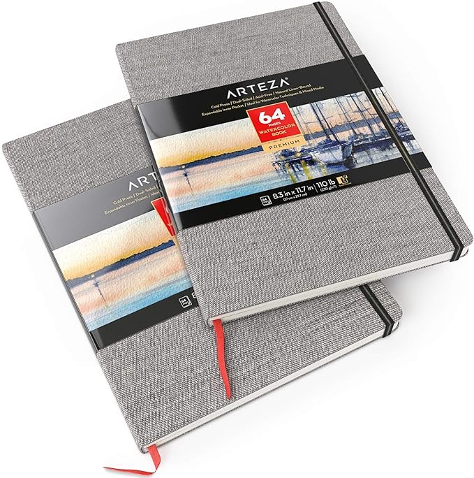 ARTEZA Watercolor Books, Pack of 2, 8.3 x 11.7 Inches, 64 Pages Each, 110 lb / 230 GSM, Cold Press, Dual-Sided, Acid-Free Linen-Bound Hardcover Books for Watercolor and Mixed Media