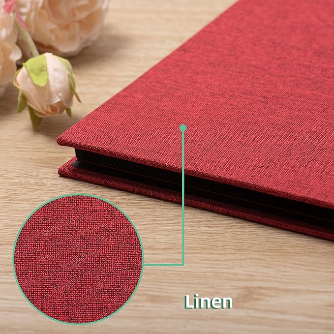 Photo Album Self Adhesive Scrapbook 3x5 4x6 5x7 6x8 Magnetic Album DIY Scrap Book 11x10.6 Inch 40 Black Sticky Pages Linen Cover DIY Photo Album(Red)