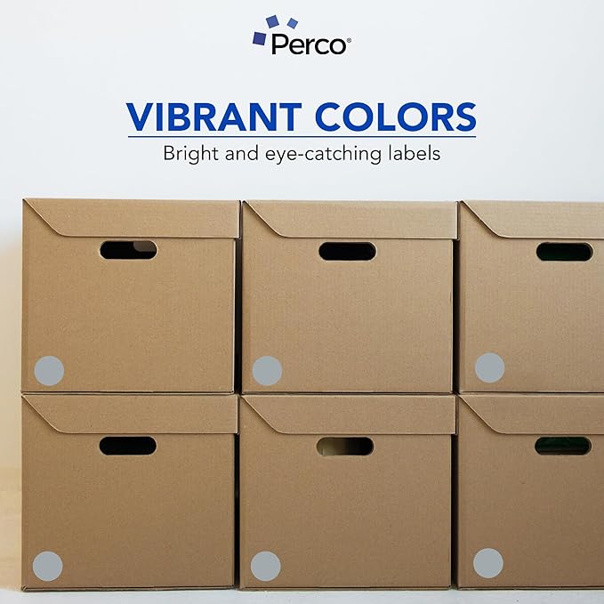perco grey 2-inch perforated circle dot sticker labels — 250 round stickers per roll — with permanent adhesive for organizing, color coding, bin labeling, packaging alerts — made in usa