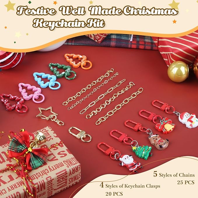 Ecoofor 251 Pcs Christmas Keychain Making Kit for Adults — Includes 20 Keychain Clips, 25 Extender Chains, 81 Charms, Beading Accessories, Jewelry Pliers — DIY Bag Charms & Jewelry Craft Kit