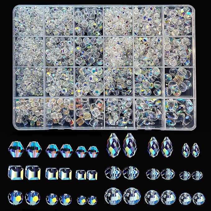 1720pcs Crystal Glass Beads for Jewelry Making, Assorted Clear Faceted Crystal Beads Suncatcher Beads for Bracelets Necklace Earring DIY Crafts, New AB Color