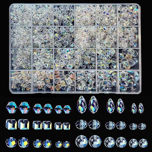 1720pcs Crystal Glass Beads for Jewelry Making, Assorted Clear Faceted Crystal Beads Suncatcher Beads for Bracelets Necklace Earring DIY Crafts, New AB Color