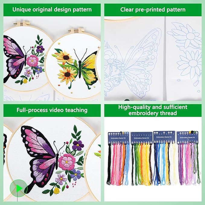 Enkor 4 Sets Embroidery Kit for Beginners Adults-Cross Stitch Kits for Beginner Easy to Learn Stitches from Instruction Video Needlepoint Kits with Stamped Embroidery Pattern-Butterfly B4