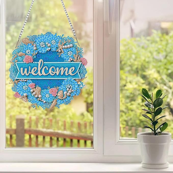 MAXBYE Welcome Sign Diamond Art Painting Kits for Adults Beginners Hanging Pendent, DIY 5D Special Shaped Crystal Diamond Painting Kits Ornament for Gift Home Wall Door Decor 8×8 Inch
