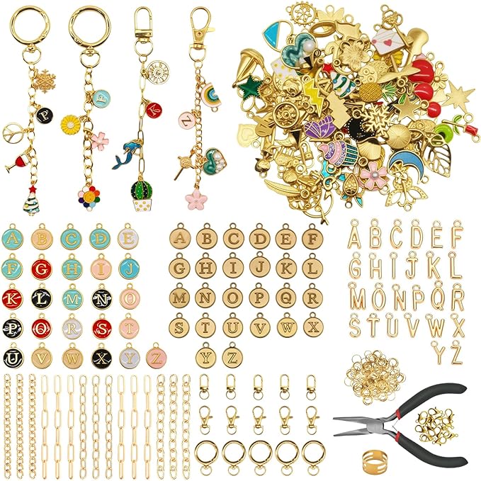 Aucscott 500Pcs Lipgloss Charms Keychain Making Kit, Lip Gloss DIY Jewelry Craft Supplies - Clip Hooks, Jump Rings, Lobster Clasps, Letter Charms & Tools for Custom Keychains Earrings Bags